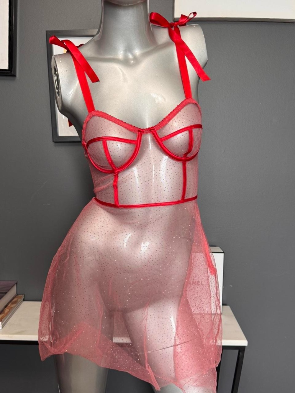 Red Dolls Kill Sugar Thrillz sheer glitter babydoll dress with ribbon straps
